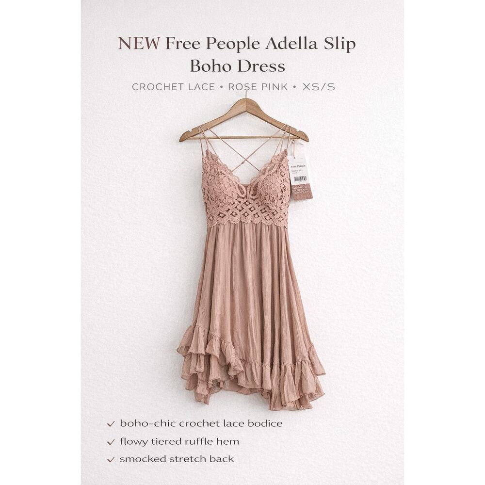 Free People Adella Slip Dress Crochet Lace Tiered Rose Pink Small NWT